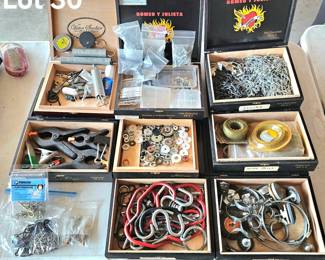 Lot 30 Cigar boxes with fasteners, more