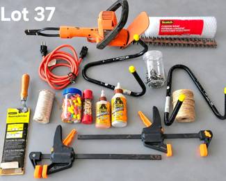Lot 37 Clamps, cord, hedge trimmer, more