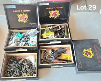 Lot 29 Cigar boxes with nails, etc 