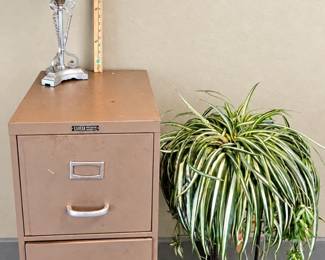 Lot 107 file cabinet, lamp, faux plant