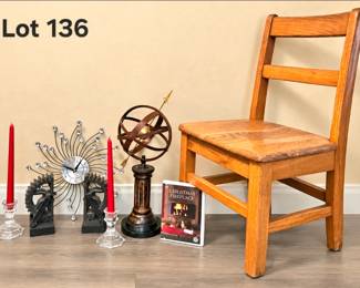 Lot 136 Wood chair, clock, decor