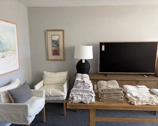 55” Samsung Frame TV, Community Mfg. Hofman Dining Slipcovered Armchairs, Regina Andrew Georgian Lamp