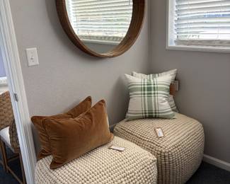 36” Brownstone Capri Teak Mirror, Creative Co-Op Wool Poufs