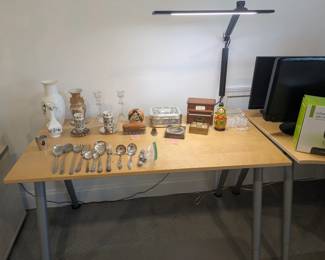 Desk, Light, Silver Plated Utensils, and Vases