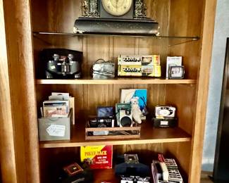 Antique clock, cameras & card game accessories