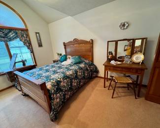 Antique full bed, antique vanity with triple fold mirror