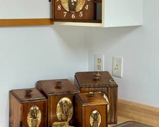 MCM wood canister set & clock