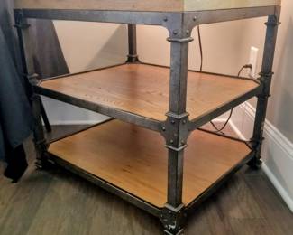 Industrial side table, metal frame with wood.