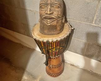 Hand carved rope tuned djembe drum  & Makonde lipiko ( Helmet Mask )