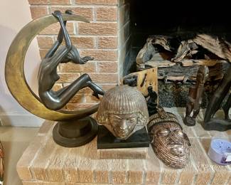 Art Nouveau Bronze Sculpture " Dance with the Moon " / Egyptian Revival Sculpture  / Hand-carved wooden African mask Central or West African ( Punu, Igala, or Songye influence )