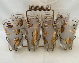 MCM Libbey golden foliage highball glass set with matching metal caddy
