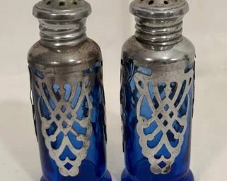 Cobalt blue glass shakers with silver-plated filigree overlay