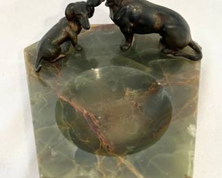 Art Deco green onyx ashtray with mounted bronze dachshund figures
