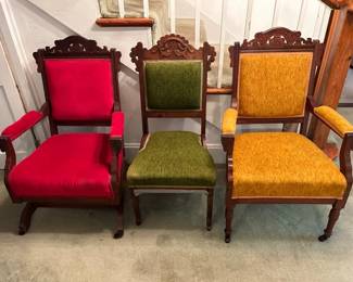 Victorian parlor armchairs and rocking chair
