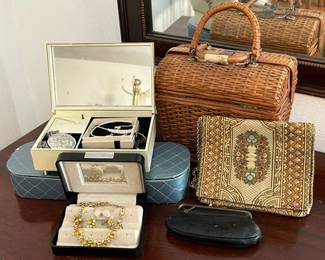 Assortment of vintage purses and coin pouches, jewelry and jewelry boxes