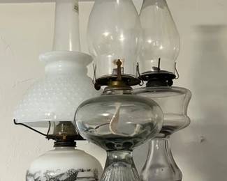 Currier & Ives milk glass hobnail oil lamp and clear glass pedestal oil lamps