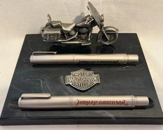 Harley-Davidson pewter and marble pen desk set