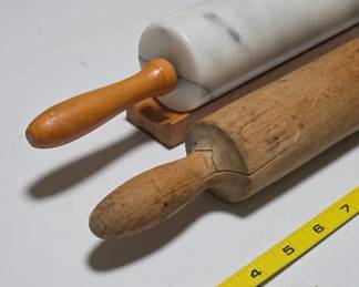Marble and wood rolling pins: marble one has holder.