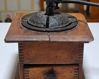 Antique cast iron and wood coffee grinder