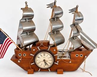 Electric mid-century clipper ship clock lamp
