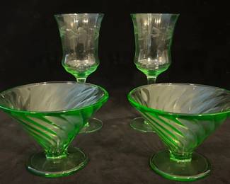 Federal Glass Diana swirl green uranium Depression glasses and uranium glass cordials