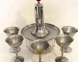 MCM Park Sherman shot serving pump dispenser decanter with chrome-plated cocktail glasses