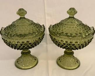 Vintage Fenton glass colonial green scalloped rim pedestal candy dishes