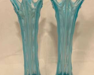 Vintage Fenton blue opalescent fine rib swung vases