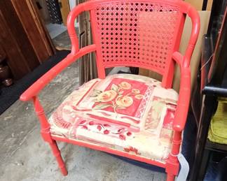 Vintage Coral Red Lacquered Faux Bamboo Armchair with Cane Back