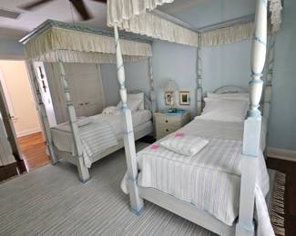 Pair of Sister Parish Style Painted Twin Size Wood Canopy Beds