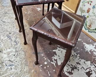 Queen Anne Style Mahogany Nesting Tables with Glass Tops