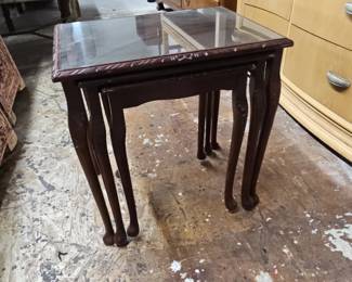 Queen Anne Style Mahogany Nesting Tables with Glass Tops