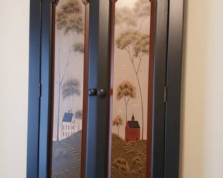Folk Art Painted Landscape Wall Cabinet with Mirror