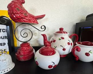 Red Bird Decor, Creamer , Sugar , Tea Pot