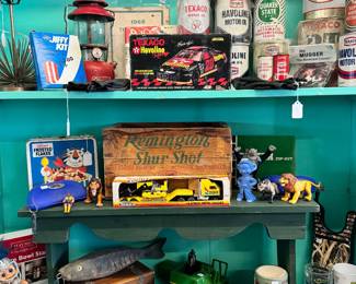 Vintage Tins, Coleman Lamp, Remington Box, John Deere Toy