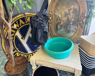 Kiwani Porcelain Sign, Vintage Plant Display in Chair, Old Oval Picture and Frame