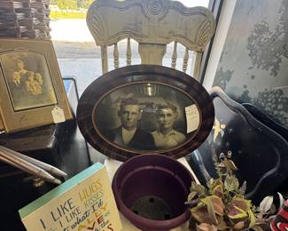 Old Picture with curved frame, Flower Chair, Decor