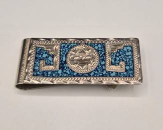 16 VintageMexico925SterlingSilverTurquoiseChipMoneyClip