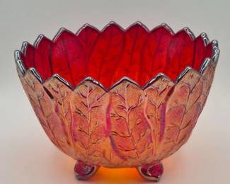 163 ImperialRedOrangeCarnivalGlassLeafFootedBowl