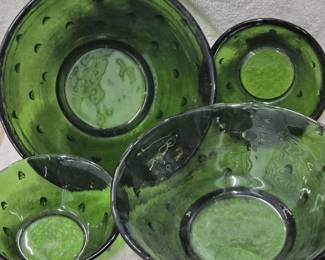 25 VintageBlenkoStuddedForestGreenGlassBowlSet