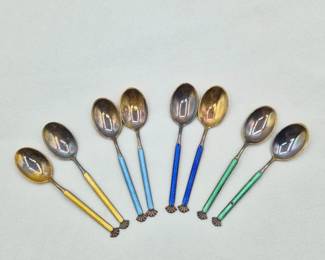46 SetofEightVintageNorneEnameledSterlingSilverCoffeeSpoons