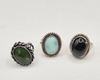 99 ArtisanalSterlingSilverRingTrioNephriteLarimarBlackAgate
