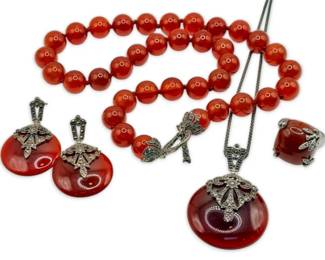 Sterling Silver Red Carnelian Marcasite Necklaces, Ring, Earring Set