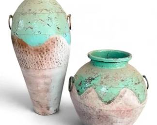 Large Distressed Turquoise Terracotta Colored Metal Pots