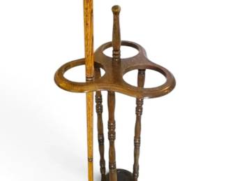 Vintage Brass Schnauzer Head Walking Cane Wooden Stand