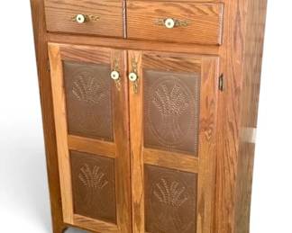 Oak Pie Safe w Wheat Details Punched Copper Panels