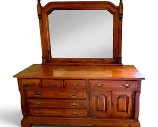 Colonial Style Wood Dresser W Attached Mirror