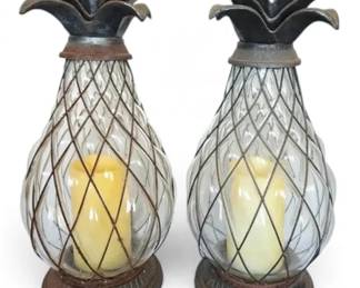Distressed Iron Glass Indoor Outdoor Pineapple Candleholders Pair
