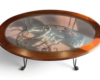 GlassTop Oval Wood Framed Coffee Table With Metal Ornate Legs