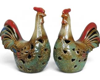 Decorative Ceramic 12 Roosters Chicken Figures Pair